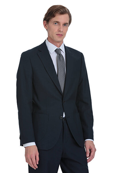 Hatemoğlu Lacivert Slim Fit Mono Yaka Keten Takım Elbise