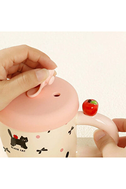 vivimall Ceramic Mug with Lid and Straw Cute C Model 380 ml Pink | FreshBox