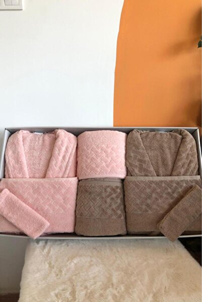 Çeyiz Diyarı Σετ οικογενειακών μπουρνούζιας Şazeli 8 τεμαχίων σε καφέ πούδρα