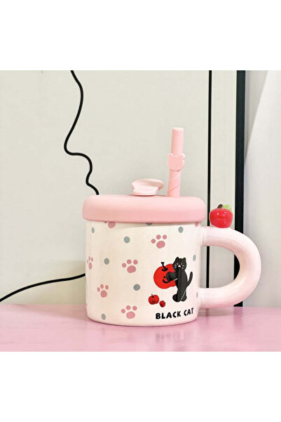 vivimall Ceramic Mug with Lid and Straw Cute D Model 380 ml Pink | FreshBox