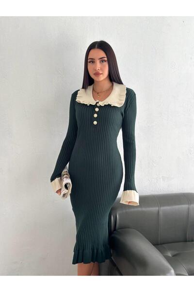 Jeevee Fırfır Yaka İnci Düğmeli Uzun Kollu Triko Elbise