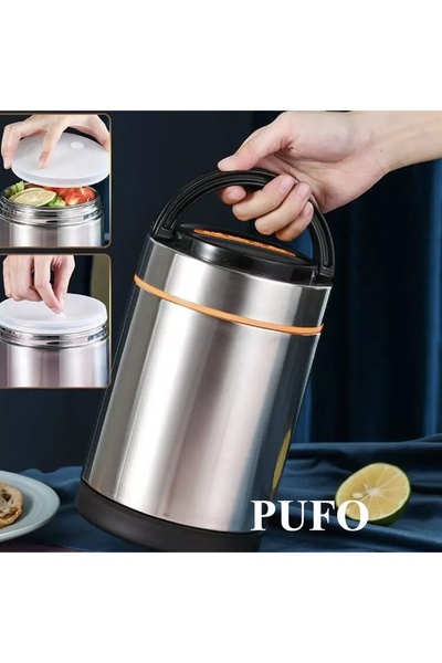 PUFO Stainless steel thermos container with 2 removable inner bowls and airtight lid, for food or soups