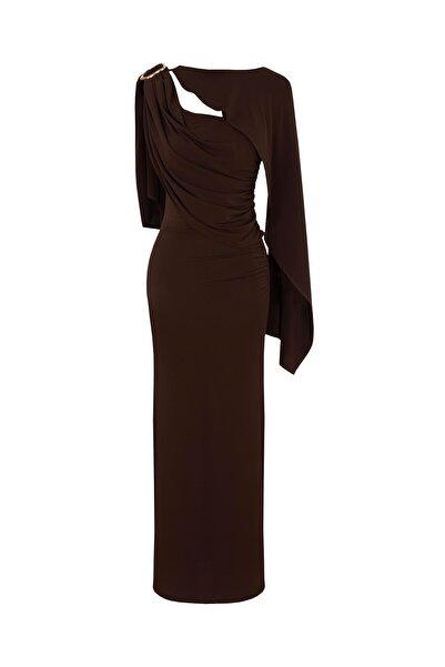 AURA BEA OMUZ DETAY UZUN ELBİSE ACI KAHVE