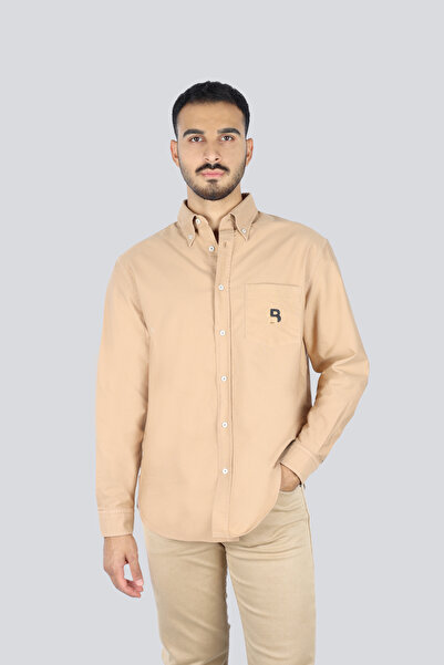 BOSS Erkek %100 Pamuklu Logo Desenli Uzun Kollu Bej Gömlek 50545572-260
