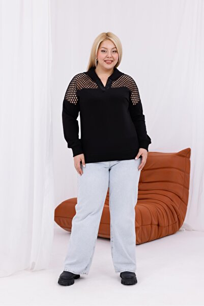 Siyezen Plus Size Mesh Detailed Hooded Sweatshirt