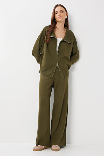 Lovelyİstanbul Zippered Cardigan Pants Knitwear Set Lan0077 Khaki