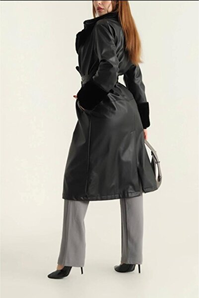 ÖZNUR GİYİM Düğlemi Kemerli Deri Trench