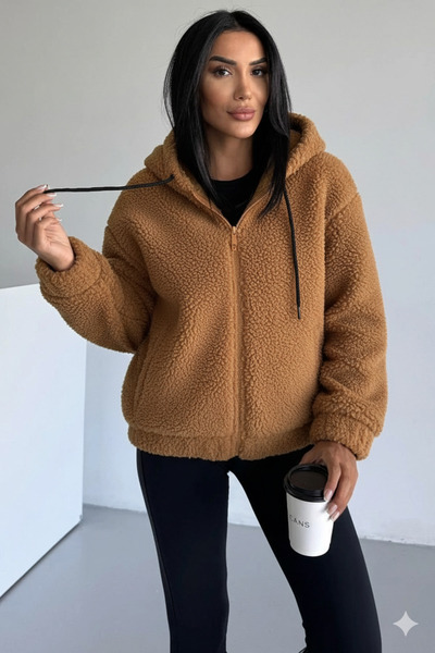 MissPul Peluş Kapüşonlu Bomber Mont 2503 Taba