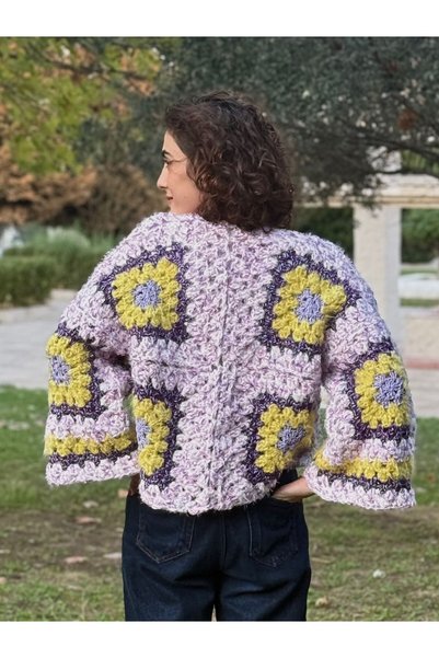 MELUSH Motifli Oversize Model Örgü Hırka, Çok Renkli El Örgüsü Hırka - Mor, Lila, Sarı