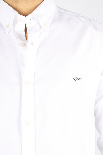 PAUL&SHARK Men's Regular Fit 100% Cotton Shark Logo Long Sleeve White Shirt 99313001-010