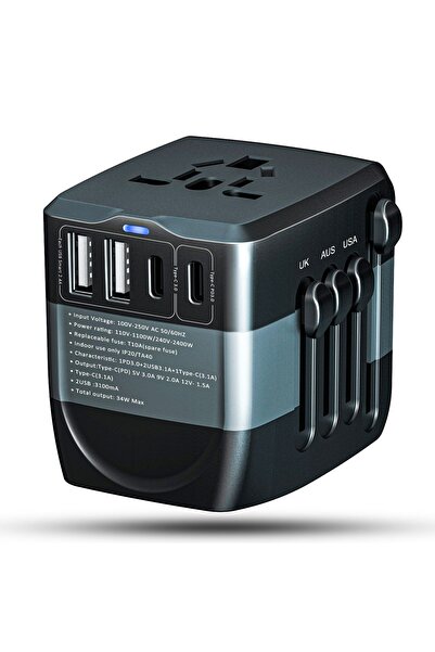 Timebox Adaptor încărcător universal de călătorie 2 x USB Tip-C pentru SUA, M...