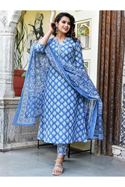 MYSMAR دوباتا سلوار قميص قطني فيسكوز أزرق سماوي - AlV1084 | أزرق سماوي