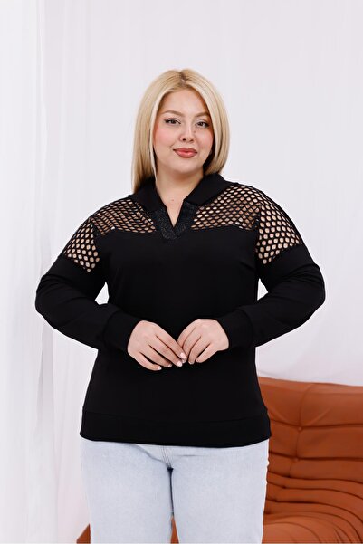 Siyezen Plus Size Mesh Detailed Hooded Sweatshirt
