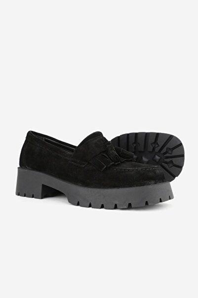 TUNAELLİ Дамски черни суедни обувки от естествена кожа, размер 36-41, с ресни и ток