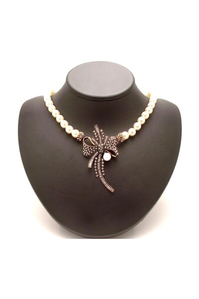 Aşina Gümüş هدية عيد الحب قلادة مرصعة بالألماس على شكل فيونكة من اللؤلؤ هدية ...