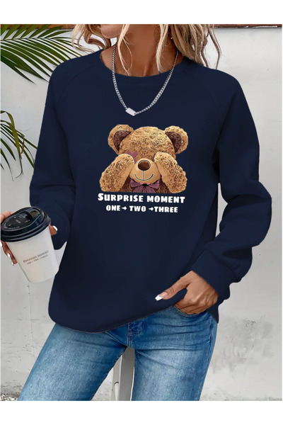 ALPACO Women's long sleeve crew neck bear pattern viscose two thread blouse