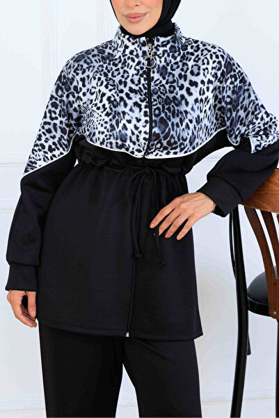 benguen Leopard Patterned Scuba Double Suit N5357 Black