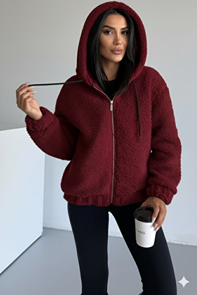 MissPul Palton bomber cu glugă de pluș 2503 Roșu Claret