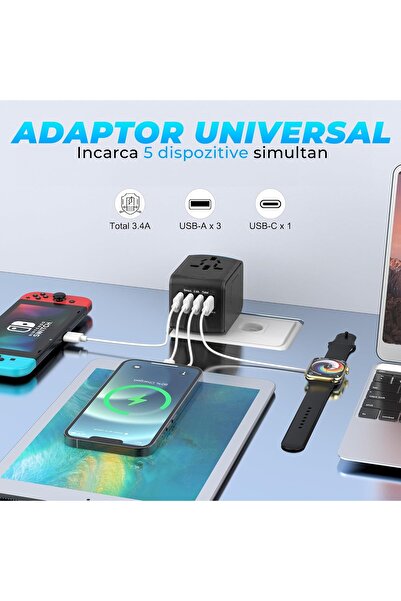 Timebox Universal travel charger adapter, , 3 x USB, 1 x Type-C for US, UK, EU, Australia, Asia, Black