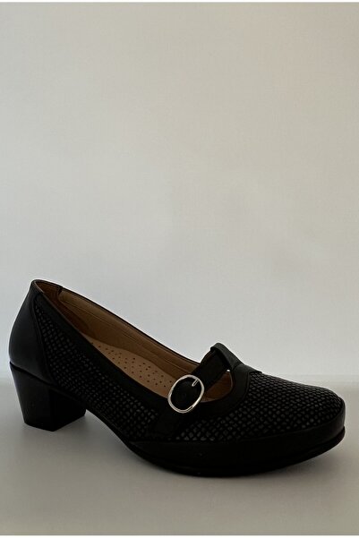 JESSE Hakiki Deri Ortopedik Taban Topuk Dikeni Özellikli Siyah Topuklu Ayakkabı