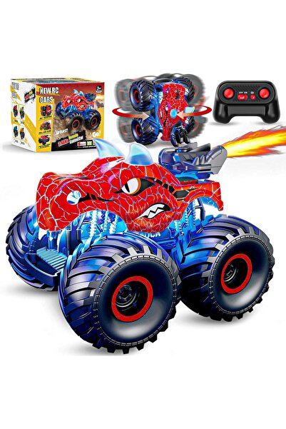 Timebox Camion monstru cu dinozaur RC, 4x4, lumini LED, efect de pulverizare, rotație 360°, pentru copii 3-12 ani, roșu