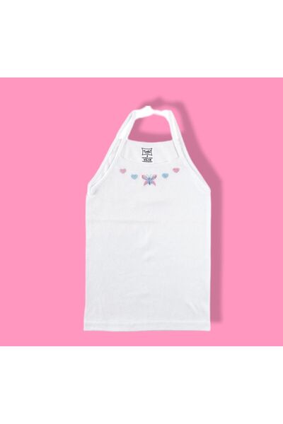 irem içgiyim Tutku Girl's Tank Top with Rope Straps and Embroidered Ribbed Pattern, Pack of 6