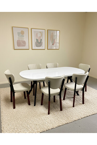 JoyMassa NOVA BEYAZ YEMEK MASASI TAKIMI (6 ADET ELMA SANDALYE/ 90X170 CM YEMEK MASASI)