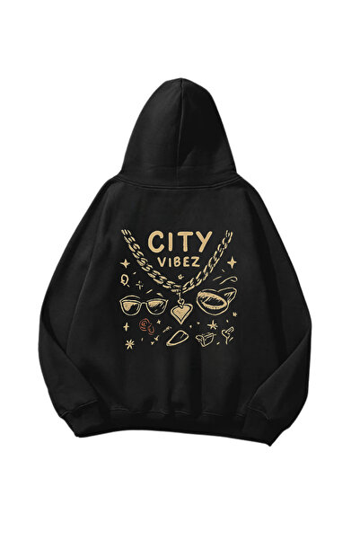 Gofeel City Vibes Štampano Crna Oversize kroj Unisex majica sa kapuljačom