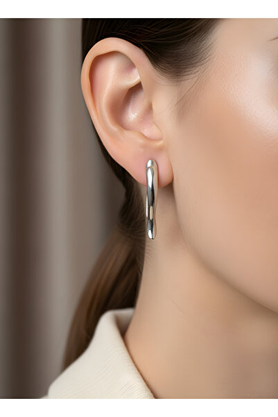 TURBİJ Shiny Silver Curved Bar Earrings |   Elegant Vip Women's Earrings |   ...