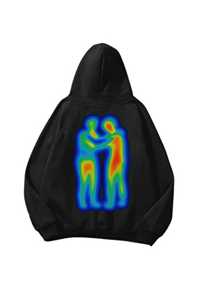 weywot Thermal Hug Printed Black Oversize Unisex Hoodie Sweatshirt