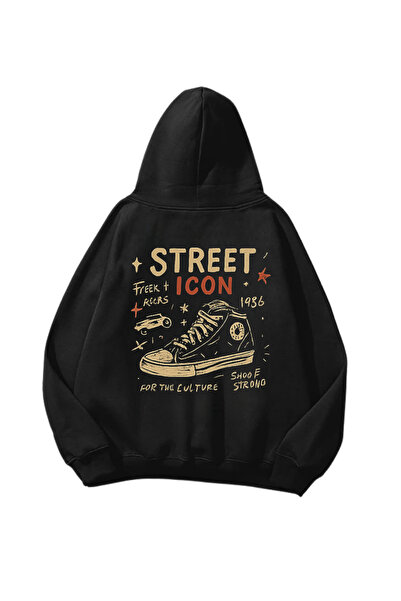 Gofeel Ulična ikona Štampano crna Oversize kroj unisex dukserica sa kapuljačom