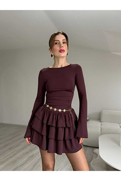 YK FASHION Fırfırlı Eteği Kat Detaylı Mini Elbise