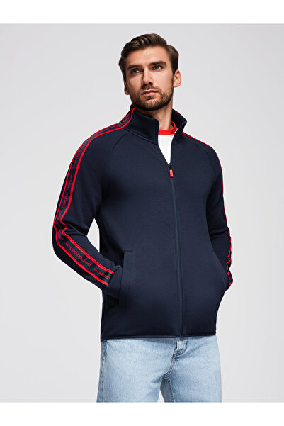 OMBRE Pánská bunda na zip s pruhy a vysokým límcem - tmavě modrá V3 OM-SSZP-0224