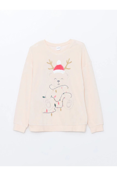 LC Waikiki Σετ πιτζάμες για κορίτσια με μακρυμάνικη στάμπα LCW Kids Pink Crew Neck