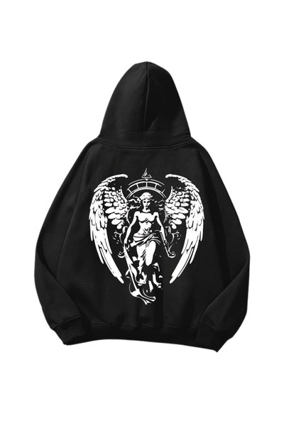 Gofeel Crni anđeo Štampano crna Oversize kroj unisex dukserica sa kapuljačom