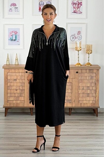 Nevin Kaya Moda Siyah Diamond Taşlı Elbise