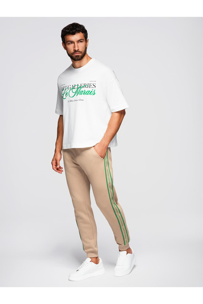 OMBRE Men's jogger pants with stripes - brown v1 OM-PASK-0284