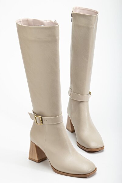 Hayalimdeki Ayakkabı Kadın Bej Cilt Küt Burun Diz Altı Topuklu Çizme