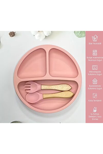 Duffa Silikon Bebek Mama Tabağı Seti Bebek Besleme Seti 3 Parça Bambu Saplı K...