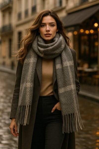 Luminos Butik Women's Plaid Patterned Anthracite Scarf Sal1294