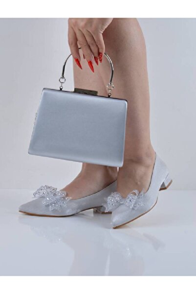 Şanslı Ayakkabıcılık Gri Saten Fiyonklu Kısa Topuklu Abiye Babet Çanta Takım