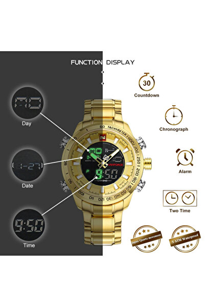 Naviforce Ceas bărbătesc digital analogic cuarț oțel auriu