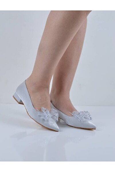 Şanslı Ayakkabıcılık Gray Satin Bow Short Heeled Evening Dress Ballerinas