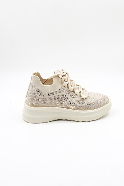 KRISTE BELL Lace-Up Stone Detailed High Sole Knitwear Women's Sports Shoes K25 0075 - Beige