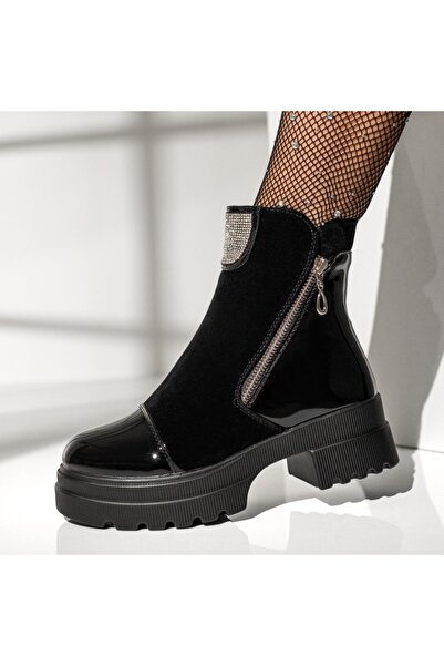 BMoD Ghete de damă din piele întoarsă neagră cu vârf strălucitor și detalii c...