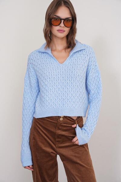 Mixray 6896 Kadın Örgü Detaylı Crop Triko Kazak Bebe Mavi