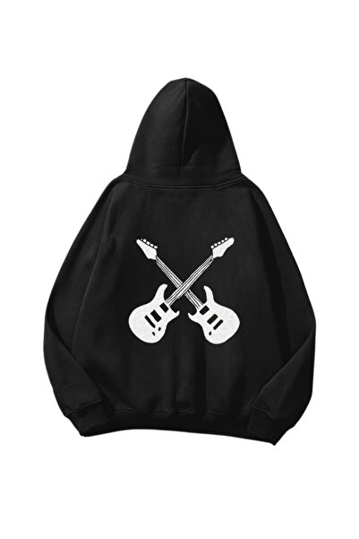 Gofeel Crossed Guitars Štampano Crna Oversize kroj Unisex majica sa kapuljačom