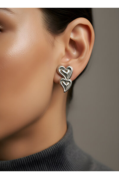 TURBİJ أقراط فضية لامعة على شكل قلب مزدوج |   أقراط عصرية |   أقراط نسائية أنيقة