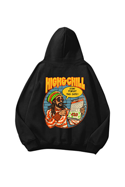 Gofeel High & Chill Štampano crna Oversize kroj unisex majica sa kapuljačom