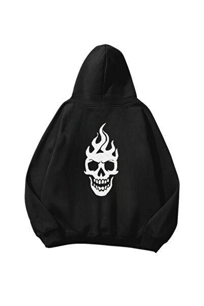 Gofeel Flaming Skull Štampano Crna Oversize kroj Unisex majica sa kapuljačom